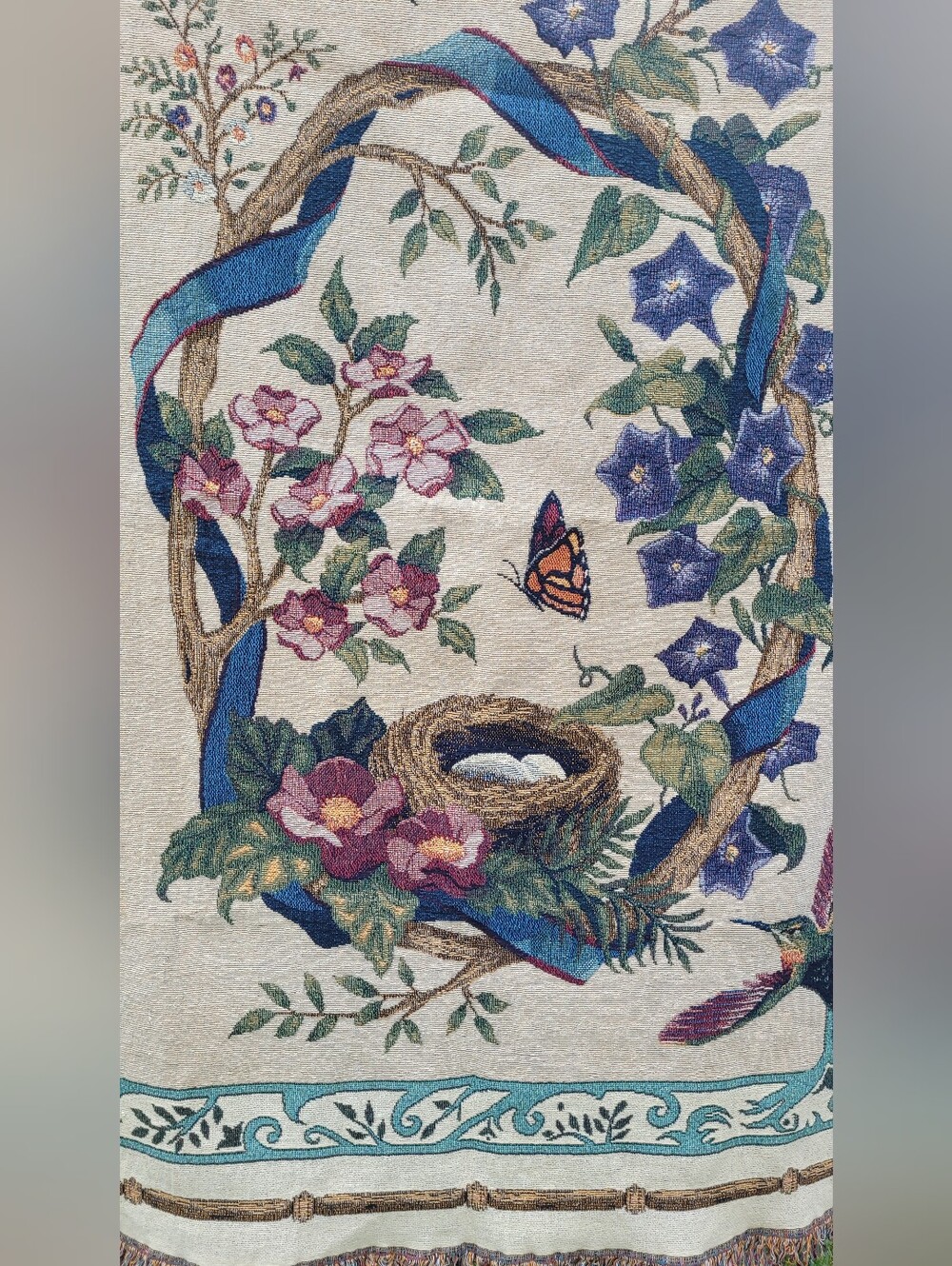 Vintage Hummingbird Tapestry Throw Blanket Floral Butterfly Cottagecore - Picture 3 of 6